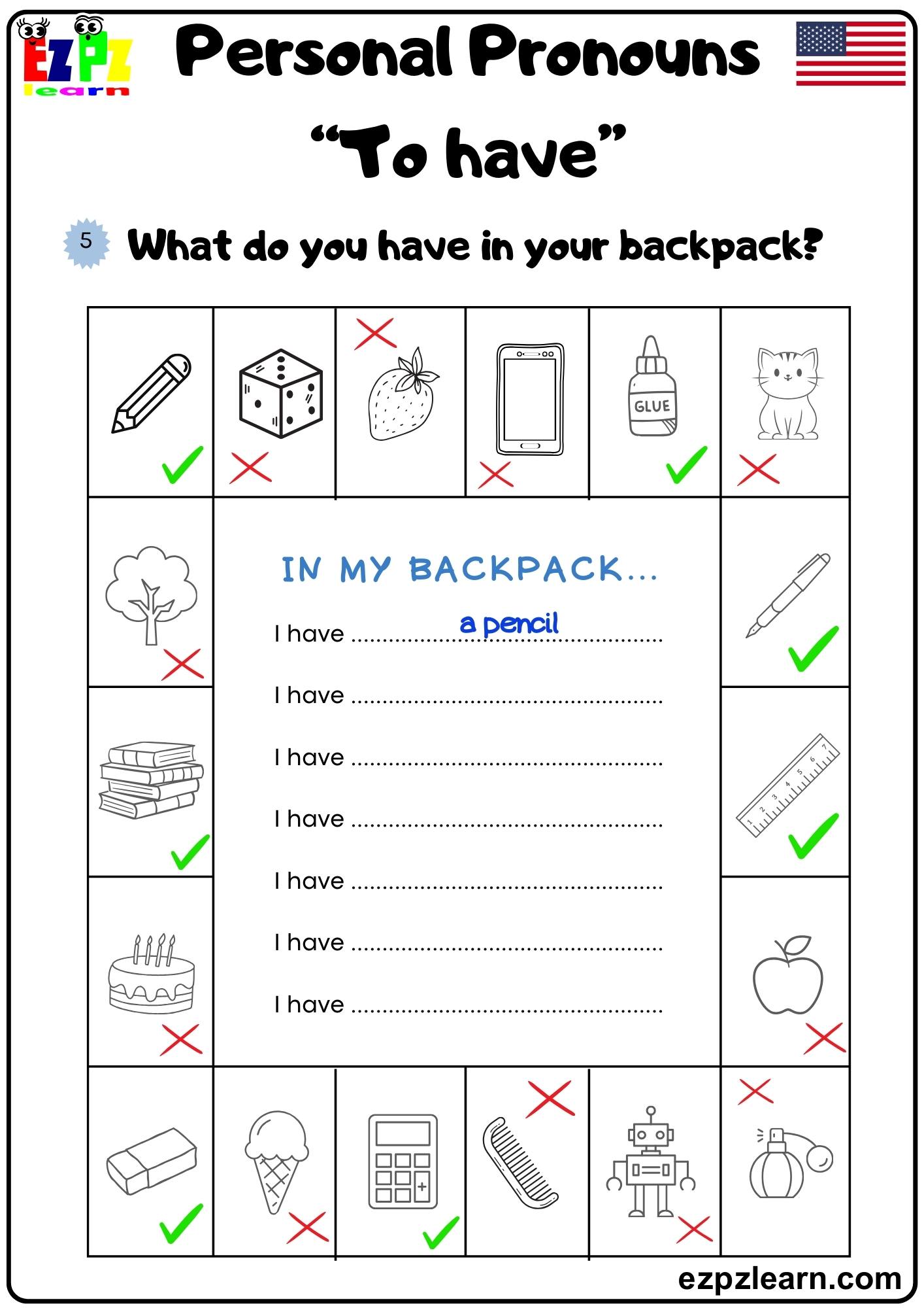Personal Pronouns "To Have" American English Printable pdf